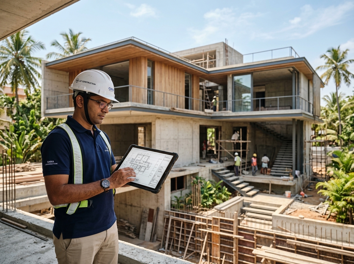 D2 Construction Site Engineer reviewing blueprints on tablet